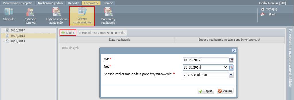 Na wstążce Parametry dodano widoki Okresy rozliczeniowe oraz Parametry rozliczania.