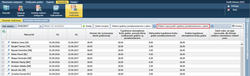 UONET+, wersja 17.08 opis zmian 3 Za pomocą przycisku Pobierz godziny ponadwymiarowe z planu dane wybranych nauczycieli można aktualizować.