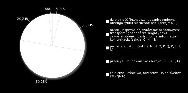 Najwięcej badanych podmiotów gospodarki narodowej (prawie 74%) należało do sekcji usługowych: sekcje G,H,I,J oraz pozostałe: M Działalność profesjonalna, naukowa i techniczna, N Działalność w