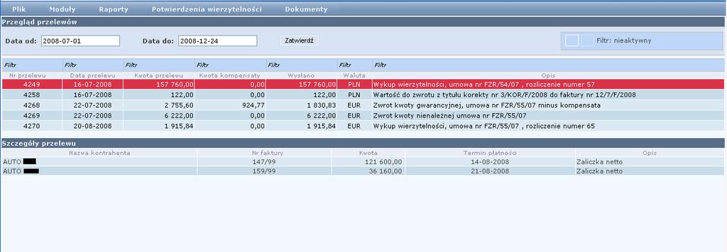 4.2. Rozliczenia Dostęp z menu: Dokumenty -> Rozliczenia Na oknie z rozliczeniami Użytkownik ma możliwość podglądu listy rozliczeń w wybranym przez Użytkownika zakresie czasowym i wydruku