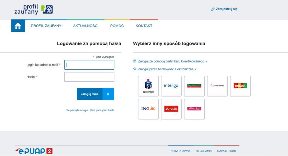 W celu podpisania przesyłanych dokumentów (ankiety i załączników), użytkownik powinien zalogować się na konto epuap (wybór opcji logowania uzależniony jest od formy potwierdzenia
