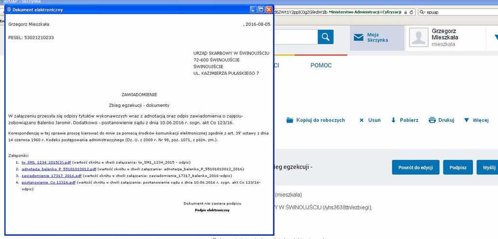 UWAGA: W przypadku przesyłania żądania informacji lub informacji o przebiegu zbiegu, procedurę opisaną w pkt 5 stosuje się odpowiednio. 6.
