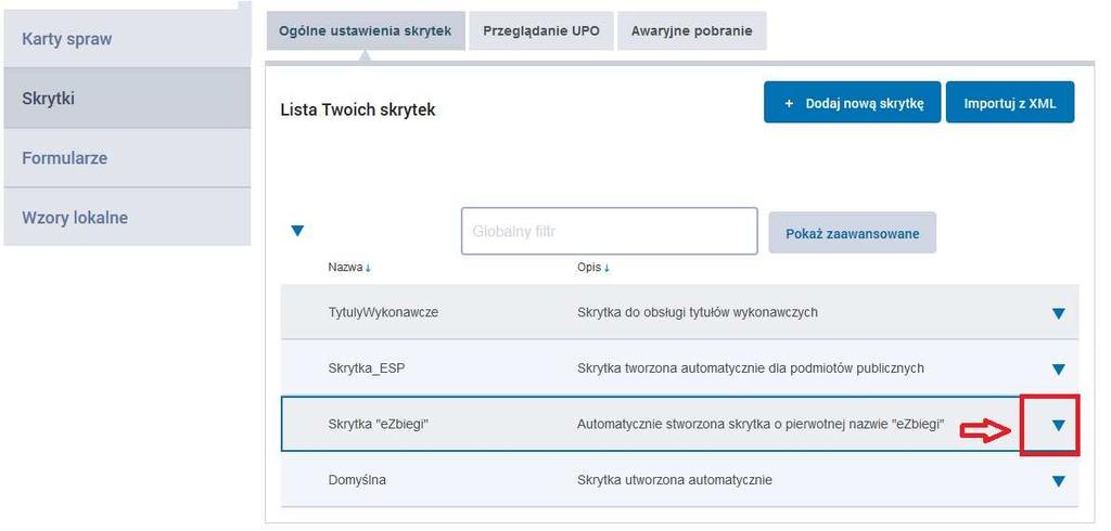 Krok 2 Wybieramy z lewego menu Skrytki i klikamy na ikonkę strzałki przy utworzonej