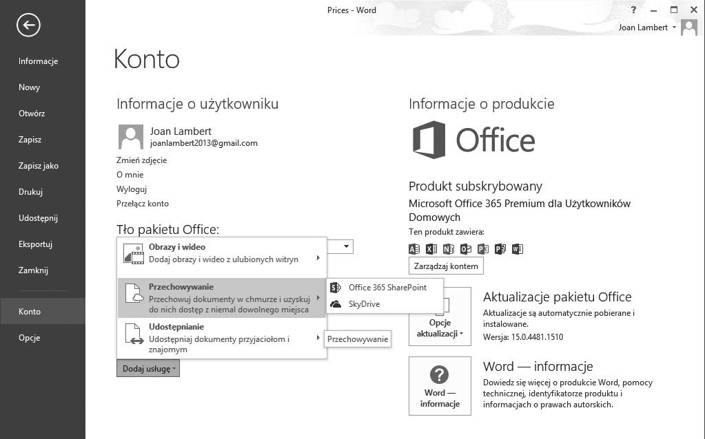 28 Microsoft Word 203 Krok po kroku Strona Zapisz jako widoku Backstage zawiera łącza do identyfikacji używanych i nowych miejsc, w których można zapisać dokumenty.