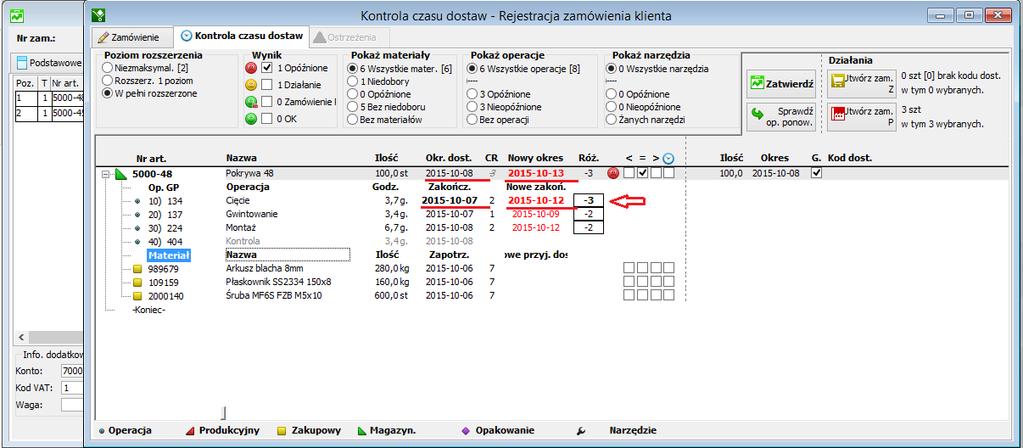 W prezentowanym przykładzie, wynik kalkulacji KCD pokazuje, że nie ma problemów z zabezpieczeniem materiałowym produkcji dla tego zamówienia, natomiast uwadze podlega opóźnienie na operacji 10 w