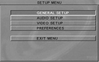 Polski Opcje menu płyt DVD Czynności podstawowe 1 W trybie STOP (zatrzymane odtwarzanie) naciśnij przycisk SYSTEM MENU, aby wyświetlić ekran Setup Menu (Menu ustawień).