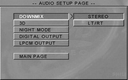Menu konfiguracji dźwięku W menu Audio Setup (Konfiguracja dźwięku) dostępne są następujące opcje: Downmix (Konwersja konfiguracji kanałów), 3D (Dźwięk przestrzenny), Night Mode (Tryb nocny), Digital