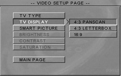 Menu konfiguracji obrazu W menu Video Setup (Konfiguracja obrazu) dostępne są następujące opcje: TV Type (Rodzaj sygnału TV), TV Display (Ekran TV), Smart Picture (Inteligentna regulacja parametrów