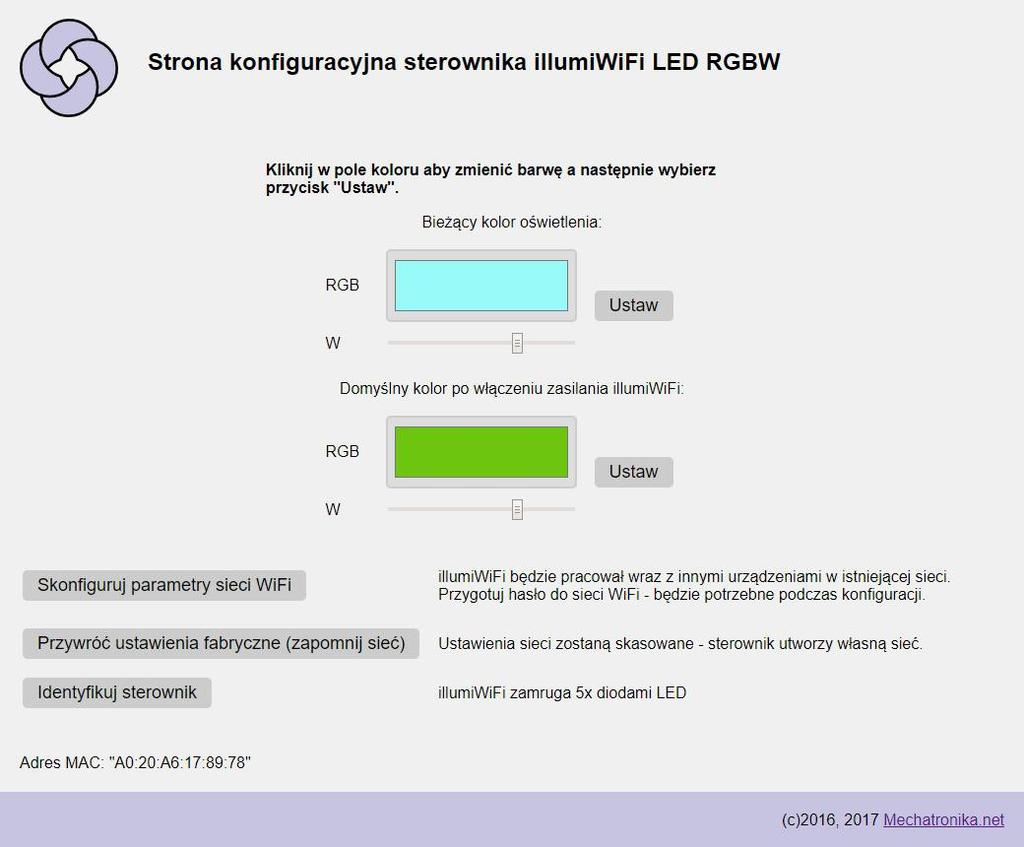 Przeglądarka wyświetli stronę konfiguracyjną sterownika: Strona ta umożliwia zmianę bieżącego koloru