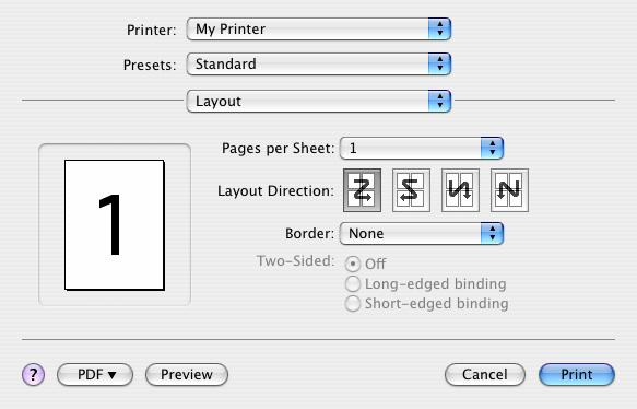 Layout (Układ) Pages per Sheet (Liczba stron na arkuszu) Można zmniejszyć rozmiar wielu stron i wydrukować je na jednym arkuszu papieru.