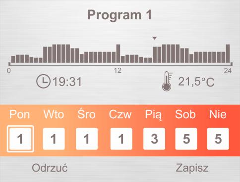 Aby wejść w tryb edycji należy nacisnąć przycisk, edytowany parametr wraz z przypisaną do niego wartością temperatury oraz godziną