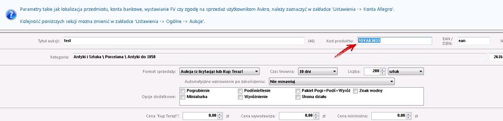 Przejdźmy do zakładki Lista Przedmiotów wybierzmy jakąś aukcję klikając na nią dwukrotnie. W tym miejscu należy uzupełnić Kod produktu, wpisując w to pole odpowiadający mu symbol produktu z Subiekta.