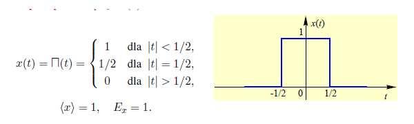 Przyklady sygnałów deterministycznych Sygnał o ograniczonej energii: 0 < E x < sygnały impulsowe o skończonej amplitudzie spadajace odpowiednio szybko sygnały o nieskończnym czasie