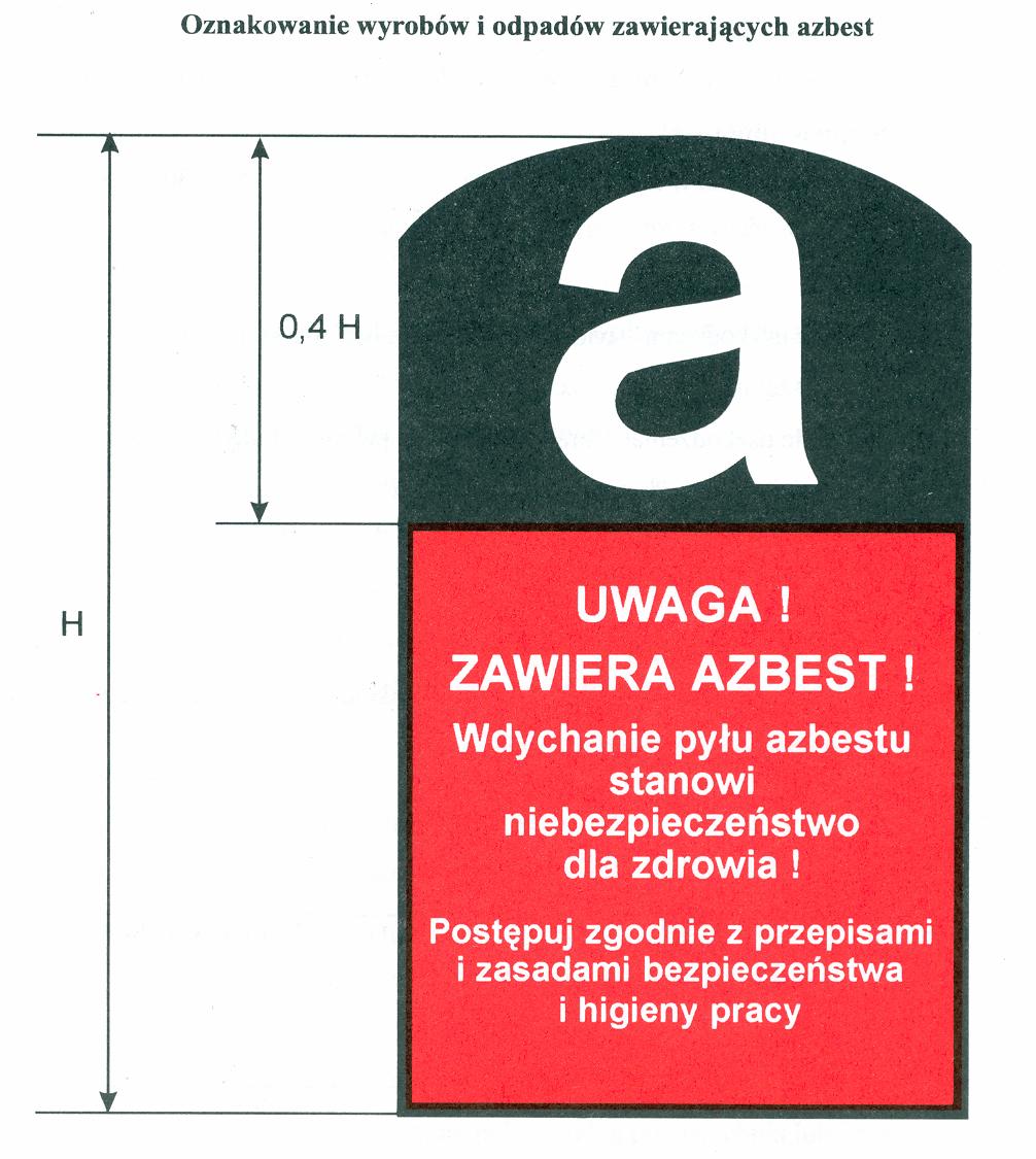 higieny pracy. Jeżeli produkt lub odpad zawiera krokidolit (odmiana azbestu) należy zaznaczyć na etykiecie w formie napisu ZAWIERA KROKIDOLIT/AZBEST NIEBIESKI.