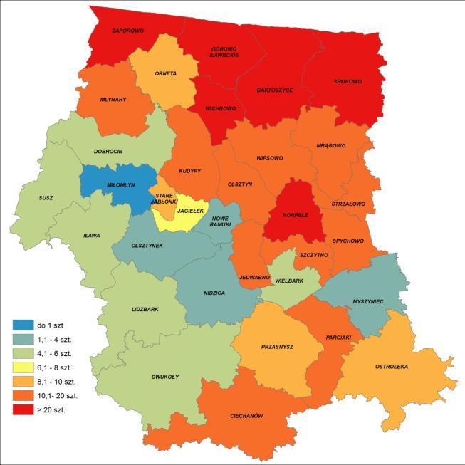 Liczba bobrów na 1 ha w nadleśnictwach RDLP