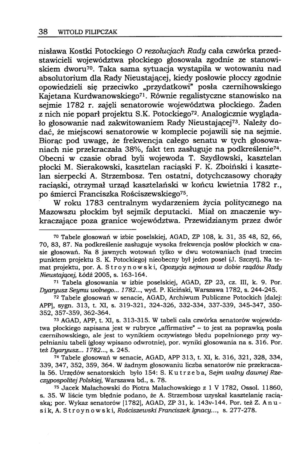 38 WITOLDFILIPCZAK nisława Kostki Potockiego O rezolucjach Rady cała czwórka przedstawicieli województwa płockiego głosowała zgodnie ze stanowiskiem dworu70.