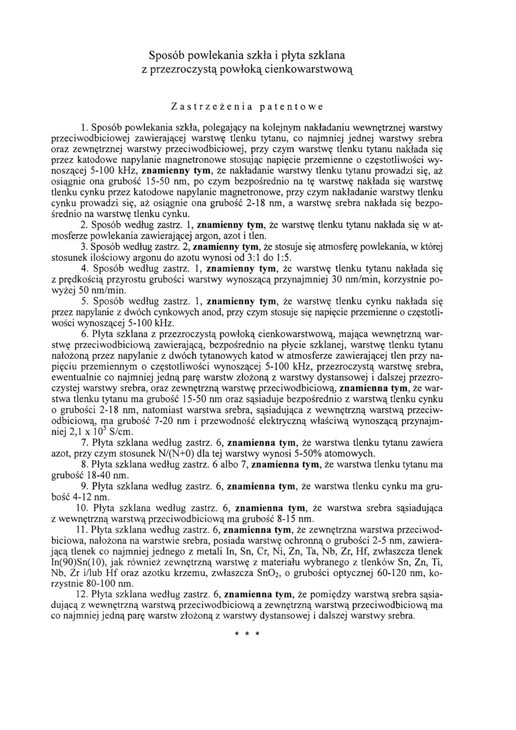Sposób powlekania szkła i płyta szklana z przezroczystą powłoką cienkowarstwową Zastrzeżenia patentowe 1.