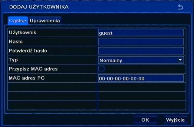W celu dodania użytkownika należy wybrać pozycję Dodaj. Pojawi się poniższe okno. W pozycji Użytkownik należy wpisać nazwę użytkownika przy pomocy wirtualnej klawiatury.