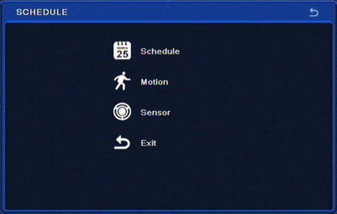 RECORDER S CONFIGURATION NDR-BA5104,NDR-BA5208,NDR-BA5416 User s manual ver.1.2 5.1.4. Schedule Selecting SCHEDULE from the SETUP menu displays the following screen: DVR conducts recording in accordance with defined schedules.