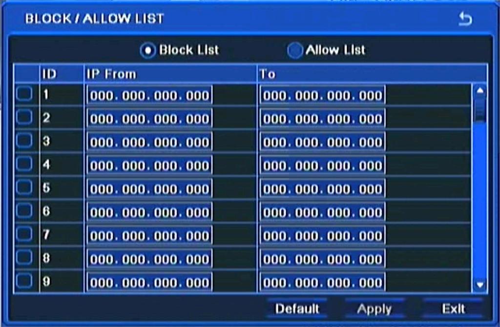 RECORDER S CONFIGURATION NDR-BA5104,NDR-BA5208,NDR-BA5416 User s manual ver.1.2 The menu above allows to save DVR settings to a single file and export it to an external Flash drive, or to restore settings to factory defaults.