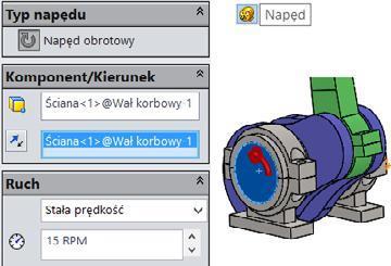 Dodanie napędu: Rysunek 8.7. Ustawienie parametrów napędu kliknij ikonęnapęd(rysunek 8.7), kliknij ścianę płaską wału. Wybierz Napęd obrotowy.