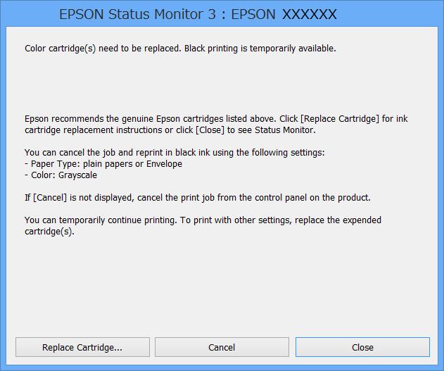 Wymiana pojemników z tuszem i innych materiałów eksploatacyjnych Jeżeli program EPSON Status Monitor 3 jest wyłączony, wyświetl okno dialogowe sterownika drukarki, kliknij opcję Ustawienia