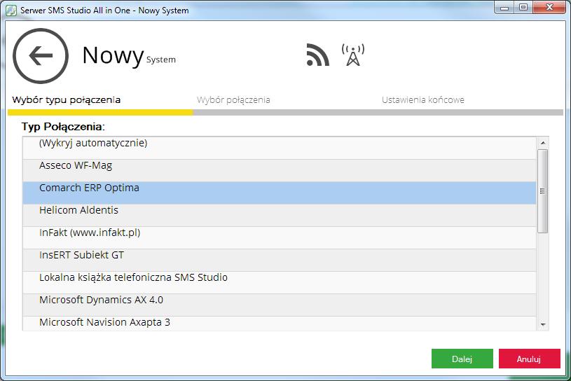 3.2 Konfiguracja połączenia do systemu Aby móc wysyłać wiadomości, należy skonfigurować system z którego będzie pobierana baza adresatów, wraz z odpowiadającymi im numerami telefonów.