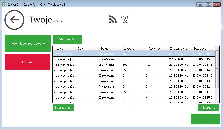 Aby zobaczyć historię wszystkich wysyłek, należy kliknąć przycisk Historia dostępny w menu Twoje wysyłki. W wyświetlonym oknie pojawią się wszystkie wysyłki zrealizowane przez SMS Studio.