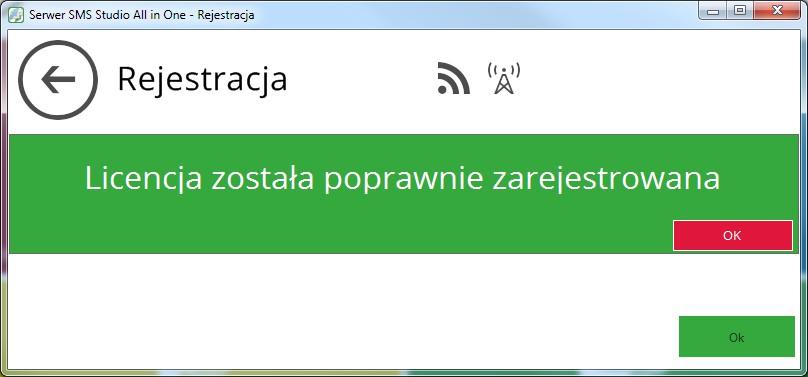 Uzyskany klucz licencyjny należy wkleić do okna wyświetlonego przez SMS Studio i kliknąć na przycisk Zarejestruj.