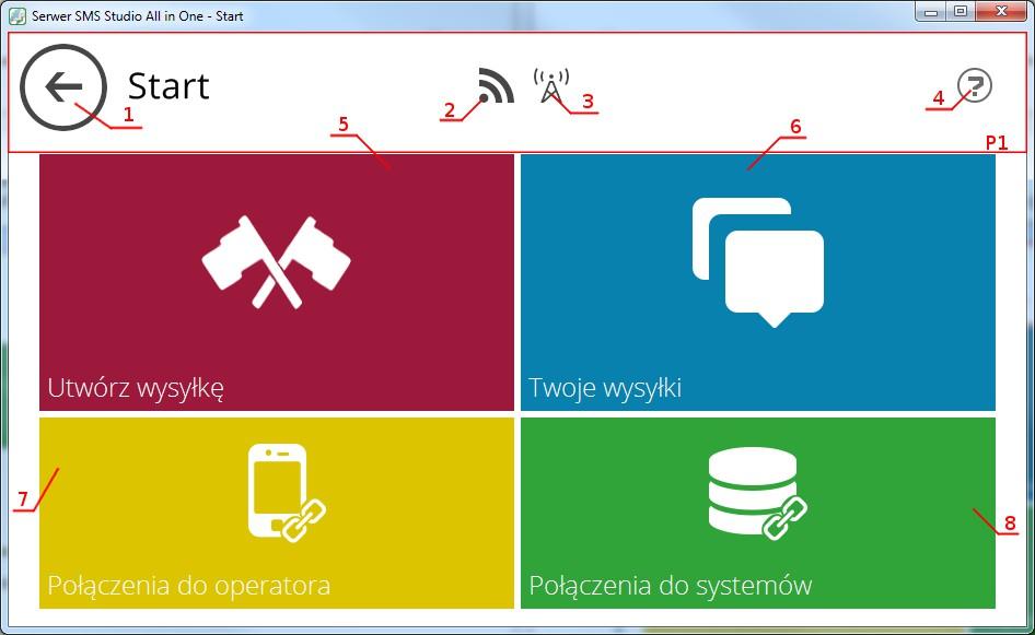 2.2 Menu główne programu Po uruchomieniu SMS Studio, wyświetlone zostaje menu główne programu: Poniżej zostały opisane podstawowe funkcje przycisków widocznych w głównym menu: P1 panel główny,