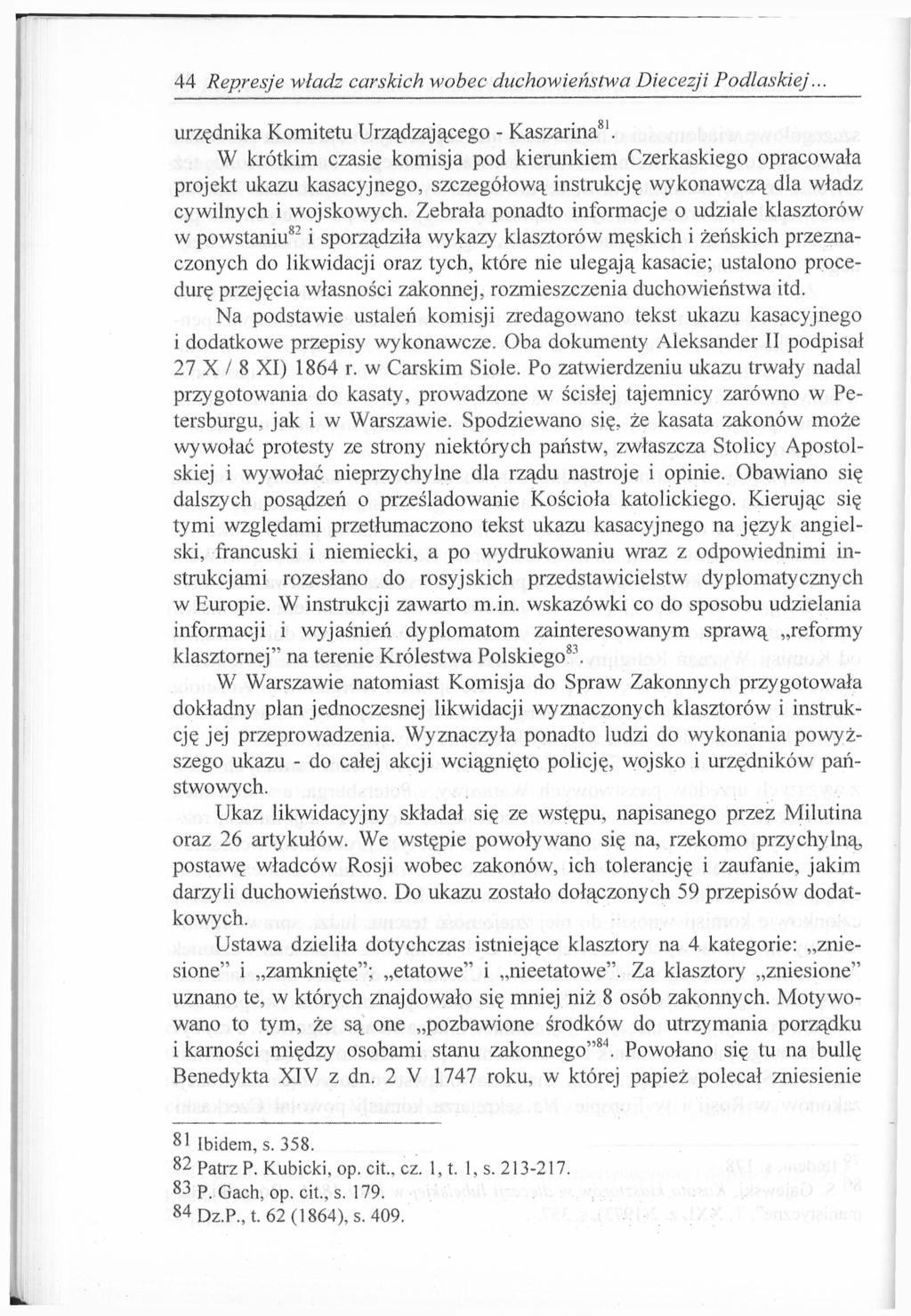 44 Represje władz carskich wobec duchowieństwa Diecezji Podlaskiej... urzędnika Komitetu Urządzającego - Kaszarina 81.