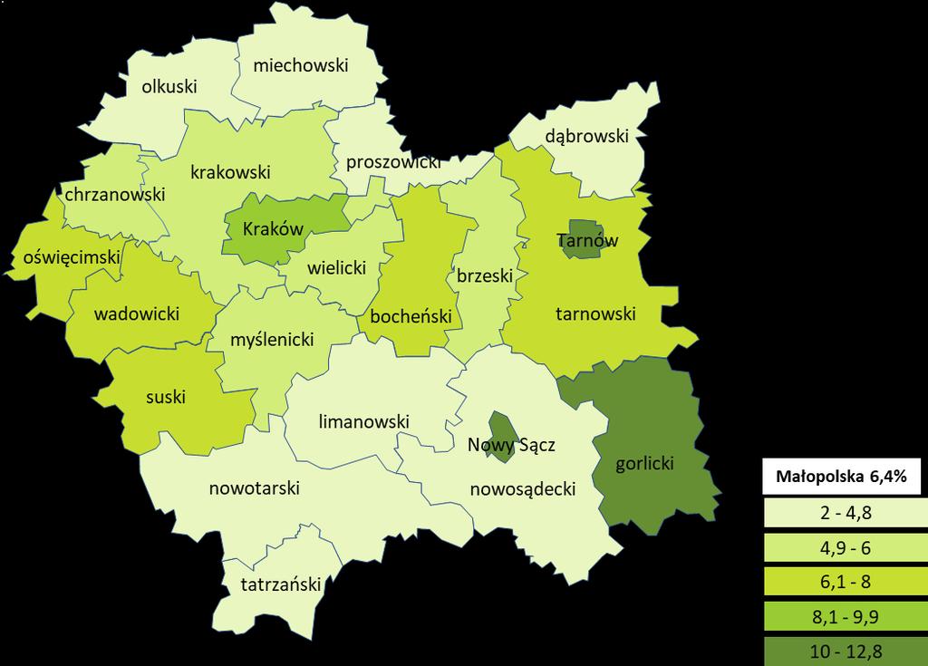 Odsetek niepełnosprawnych bezrobotnych w populacji zarejestrowanych bezrobotnych wg stanu na 30.06.2017 r. Źródło: opracowanie własne na podstawie danych WUP Kraków.