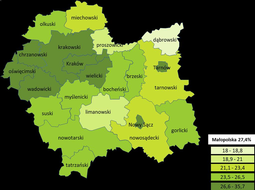 Odsetek osób bezrobotnych w wieku 50+ w populacji zarejestrowanych bezrobotnych wg stanu na 30.06.2017 r.