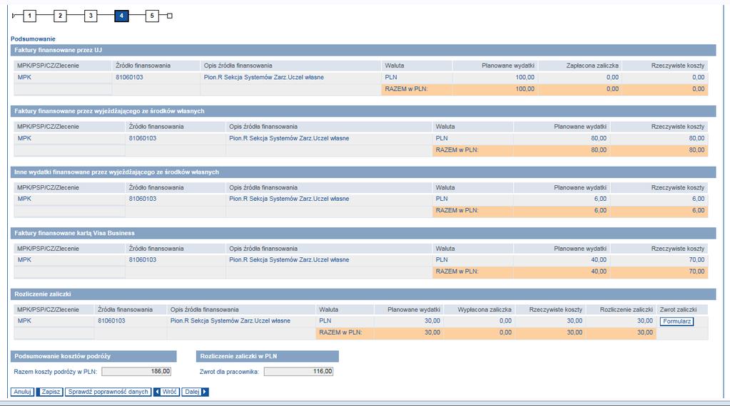 2.4. Na ekranie czwartym - Podsumowanie wyświetlone jest zestawienie planowanych wydatków i rzeczywistych kosztów delegacji.