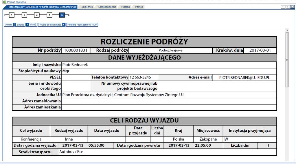 2.5. Ekran piąty rozliczenia zawiera formularz rozliczeniowy z uzupełnionymi informacjami o rozliczeniu podróży krajowej.