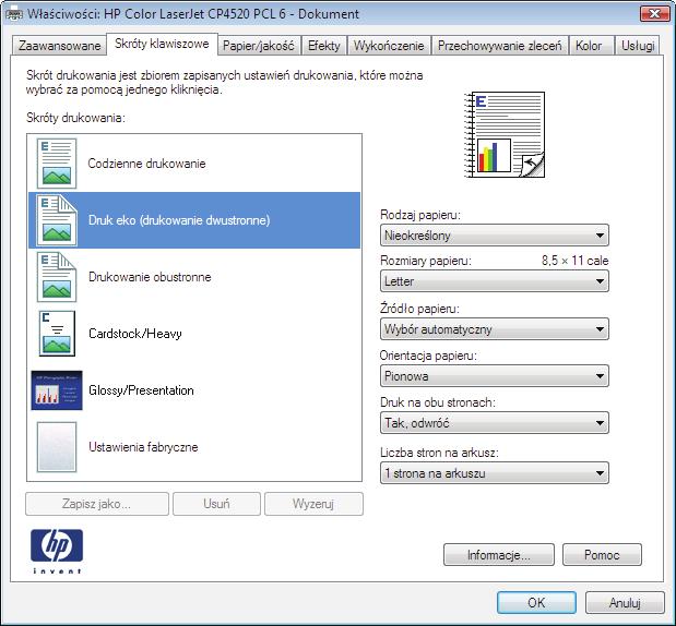 Tworzenie skrótu drukowania (Windows) 1. W programie wybierz opcję Drukuj. 2. Wybierz urządzenie, a następnie kliknij przycisk Właściwości lub Preferencje. 3. Kliknij kartę Skróty klawiszowe. 4.