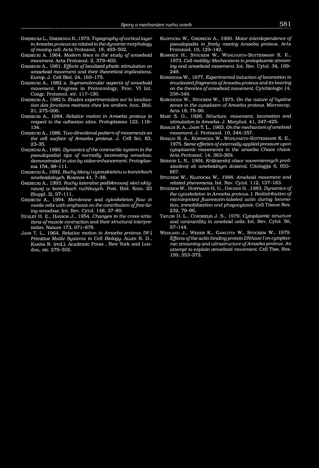 Effects o f localized photic stimulation on amoeboid movement and their theoretical implications. Europ. J. Cell Biol. 24, 163-175. G r ę b e c k i A., 1982 a.