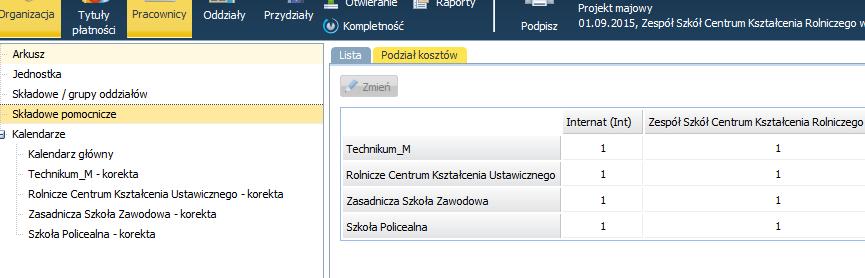 Jednostka - struktura organizacyjna 4. Składowe pomocnicze dodajemy z listy, robimy to tylko wtedy, gdy potrzebujemy tych składowych jako miejsc do wyodrębnienia kosztów. 5.