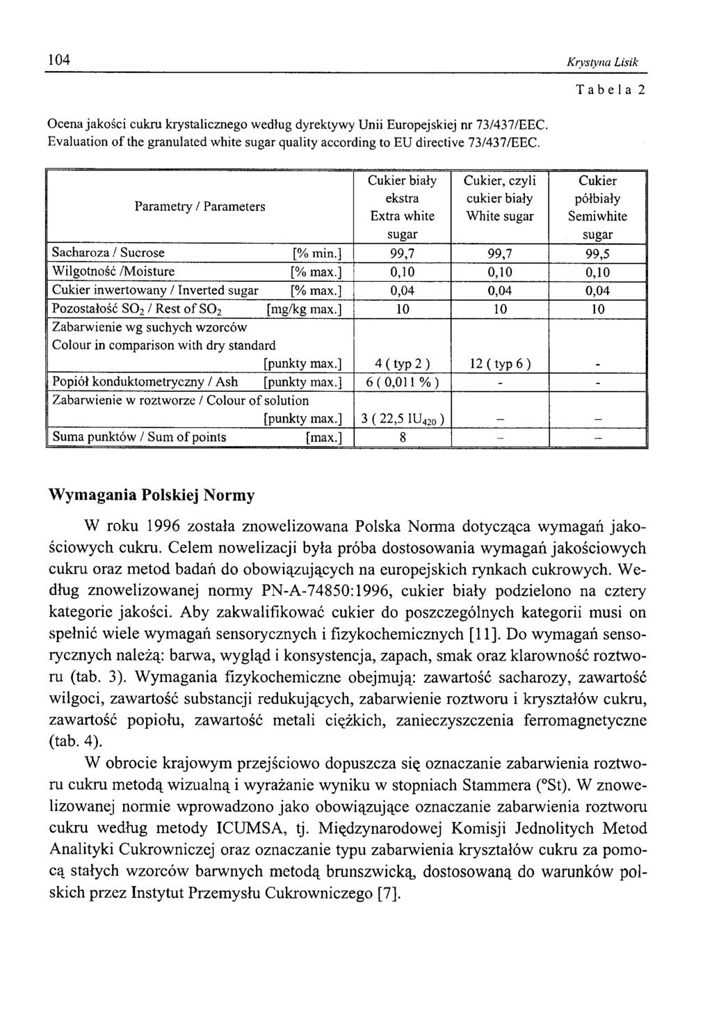 104 Krystyna Lisik Ocena jakości cukru krystalicznego według dyrektywy Unii Europejskiej nr 73/437/EEC. Evaluation of the granulated white sugar quality according to EU directive 73/437/EEC.