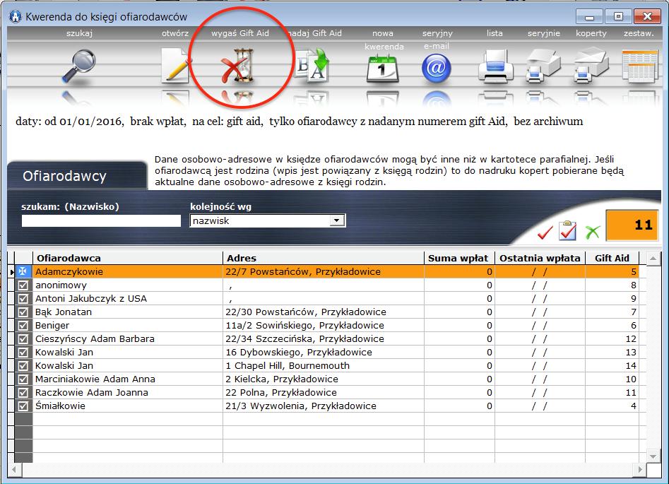 WYNIK: kliknąć w ikonę Wygaś gift aid Wszystkim
