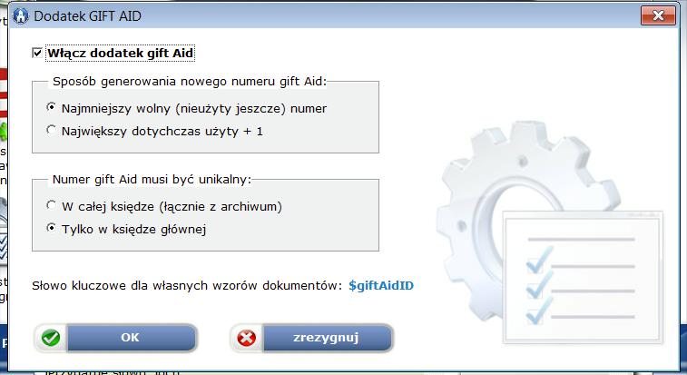 Konfigurowanie dodatku GIFT AID Przejść do części DOSTOSUJ kliknąć w ikonę DOSTOSUJ PROGRAMY odszukać i uruchomić program OBSŁUGA NUMERU GIFT AID Aby obsługa numeru była włączona zaznaczone musi być