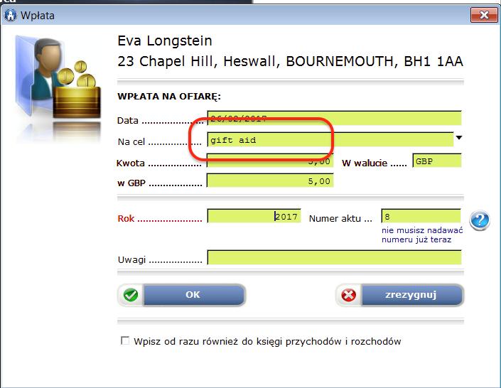 Wpisywanie ofiar GIFT AID W formularzu do wpisywania