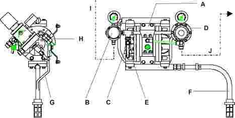 7. URUCHOMIENIE pistolet Opis : A - Pompa. B Reduktor pistoletu. C Wlot powietrza. D Zdalny regulator produktu. E Zawór odcinający powietrze. F - Ssak. G Przewód spustowy. H Zawór spustowy.
