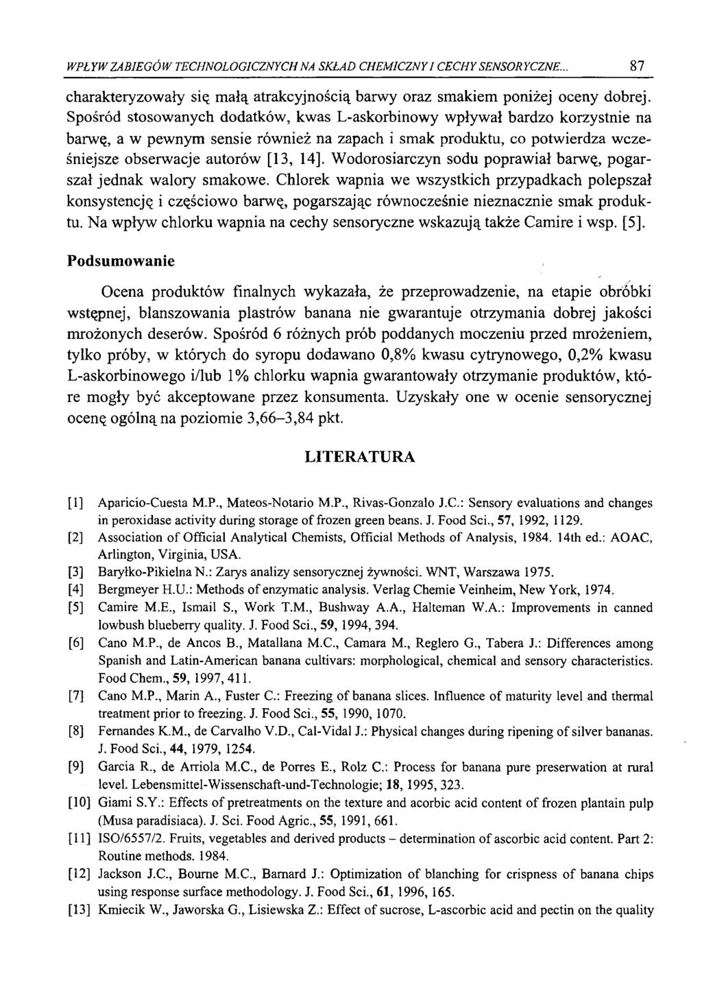 WPŁYW ZABIEGÓW TECHNOLOGICZNYCH NA SKŁAD CHEMICZNY I CECHY SENSORYCZNE.. 87 charakteryzowały się małą atrakcyjnością barwy oraz smakiem poniżej oceny dobrej.