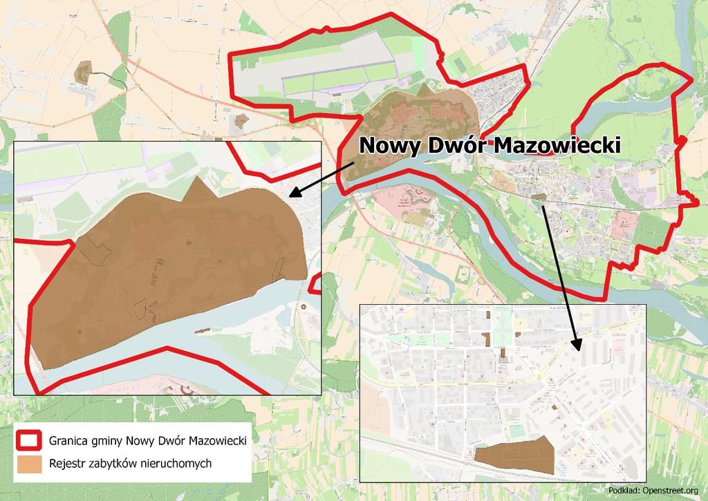 Rysunek 6. Zabytki wpisane do rejestru zabytków w Nowym Dworze Mazowieckim stan na 2017 r. Źródło: Opracowanie własne na podstawie portalu internetowego www.openstreetmap.org, danepubliczne.gov.
