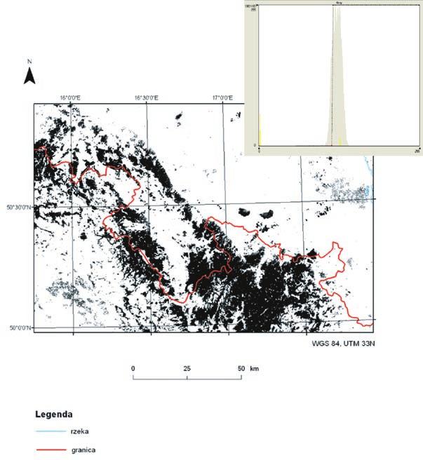 Metodyka przetwarzania oraz ocena przydatności zdjęć termalnych wykonanych przez satelitę Landsat 51 Ryc.3. Zdjęcie termalne z progami w wartościach 115 I 119 DN oraz jego histogram. Fig. 3.