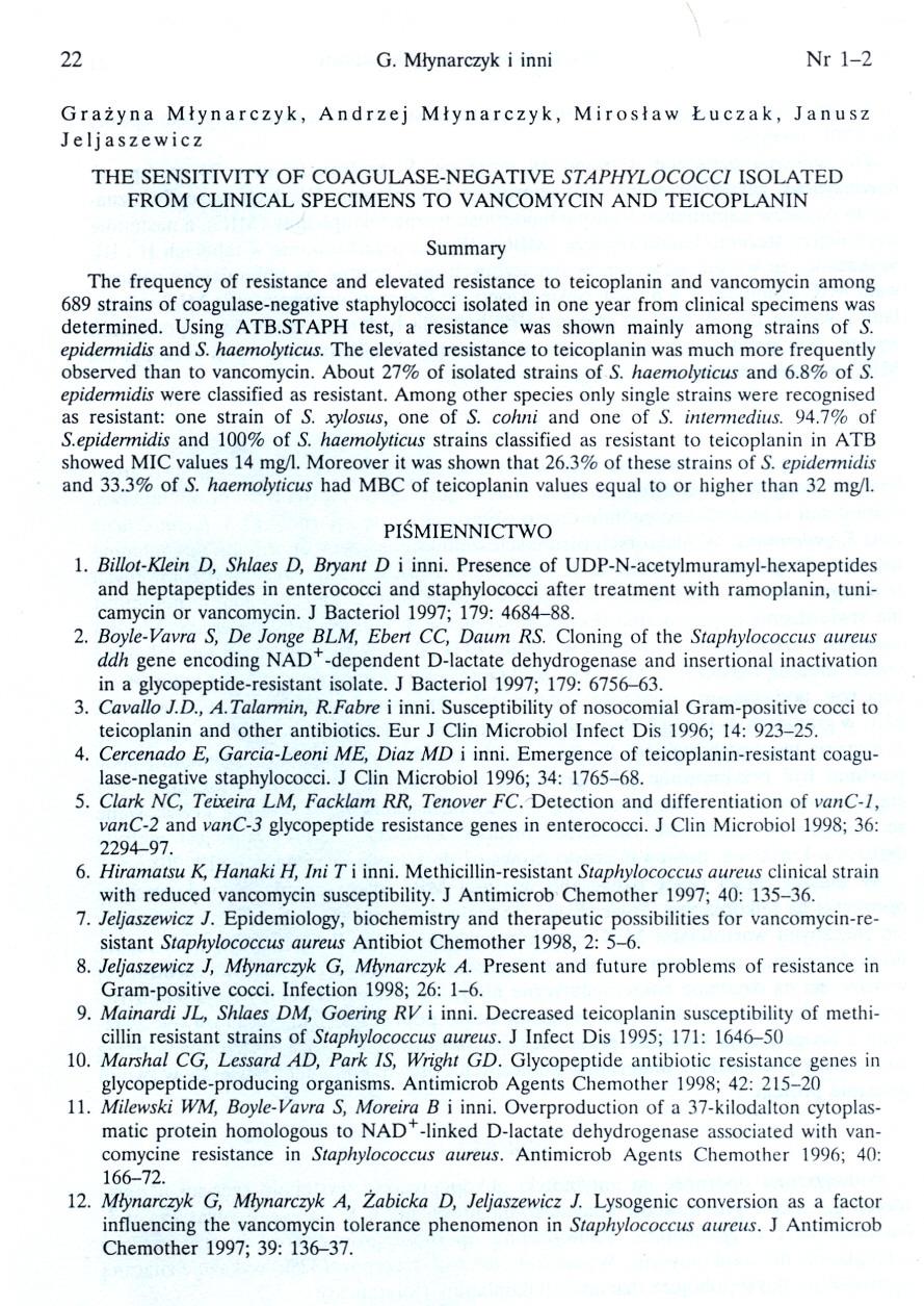 22 G. Mlynarczyki inni Nr 1-2 Grazyna Mlynarczyk, Andrzej Mlynarczyk, Miroslaw Luczak, Janusz J elj aszewicz THE SENSITIVITY OF COAGULASE-NEGATIVESTAPHYLOCOCCI ISOLATED FROM CLINICAL SPECIMENSTO