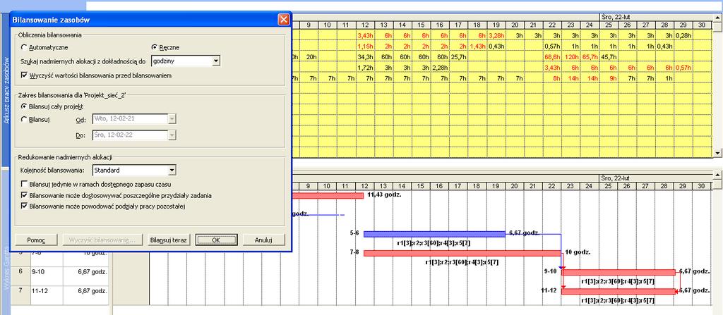 Rys.5.3. Bilansowanie zasobów w programie MS Project. Tablica 5.5. Wyniki oceny efektywności wykorzystania brygad zorganizowanych według wariantów z tab.5.2 w realizacji rozpatrywanego przedsięwzięcia.