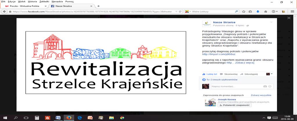 Rysunek 1. Ogłoszenie o konsultacjach dot. diagnozy przeprowadzonej na potrzeby Programu rewitalizacji na portalu społecznościowym Rysunek 2. Plakat informujący o konsultacjach dot.