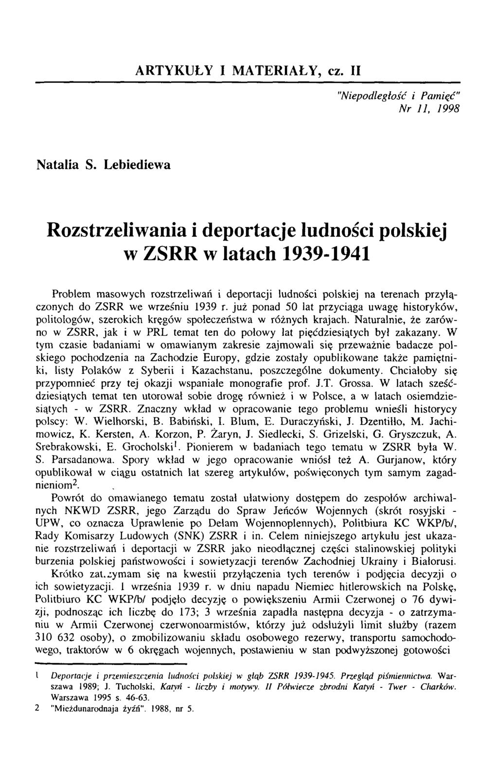 ARTYKUŁY I MATERIAŁY, cz. II "Niepodległość i Pamięć" Nr 11, 1998 Natalia S.